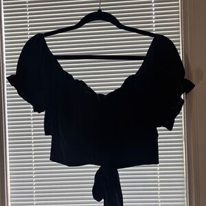 SHEIN Black Crop Blouse with Ruffled Sleeves and Tie Front